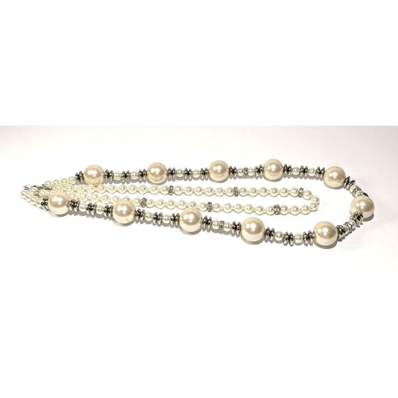 Off White Silver Tone Rhinestone Double Strand Necklace - Picture 2 of 9